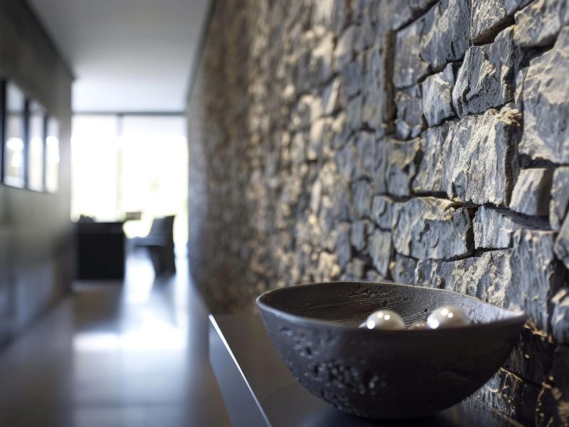 A sleek and stylish hallway with a bold rough stone wall adding texture and interest to the otherwise simple space.